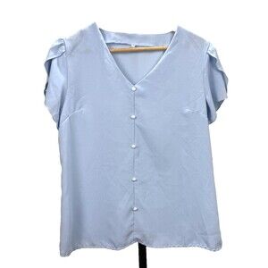 Light Blue Blouse‎ Small Flutter Split Short Sleeves Lightweight Pullover V-Neck